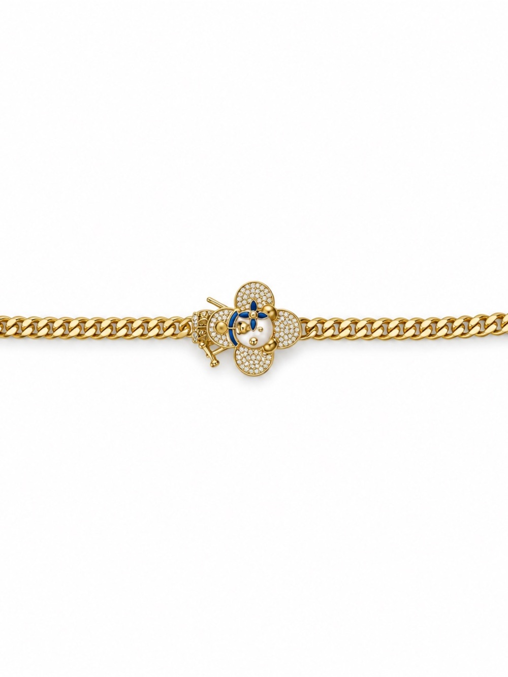 18k Gold Filled Cuban Link Pug Bracelet Pave Rhinestone Blue Enamel Dog Charm